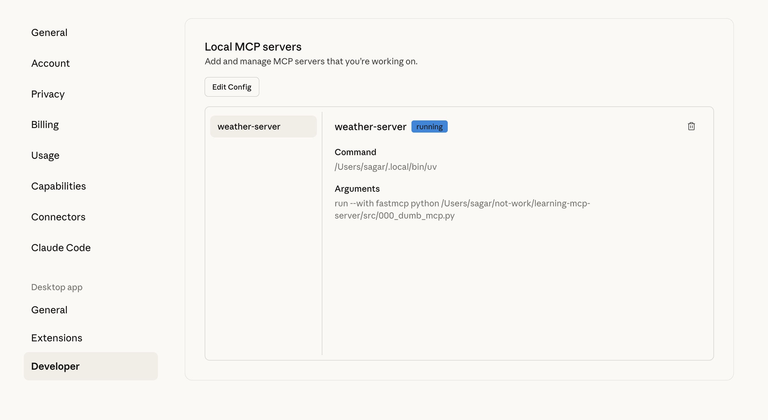 Claude Desktop developer settings showing configured MCP server